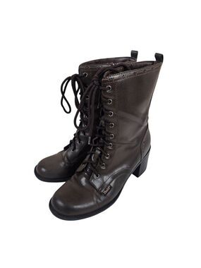 Vintage 90s Mudd Brown Faux Leather Lace-Up Grannie Boots Block Heel Womens 8